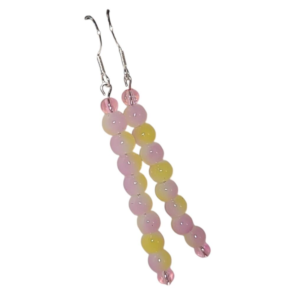 Handmade Sterling Silver 925 Pink & Yellow Glass Bead Dangle Earrings‎ 2.75"